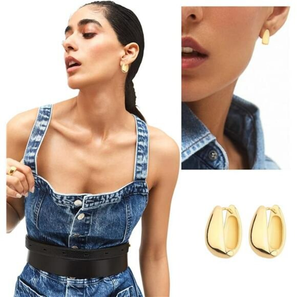 Chunky Gold Hoop Earrings Set 3 Size Huggie Hypoallergenic Lightweight - Picture 2 of 7